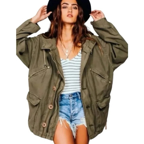 Free People Army Green Boho Style Joshua Tree Hooded Utility Jacket Size XS - Picture 11 of 11